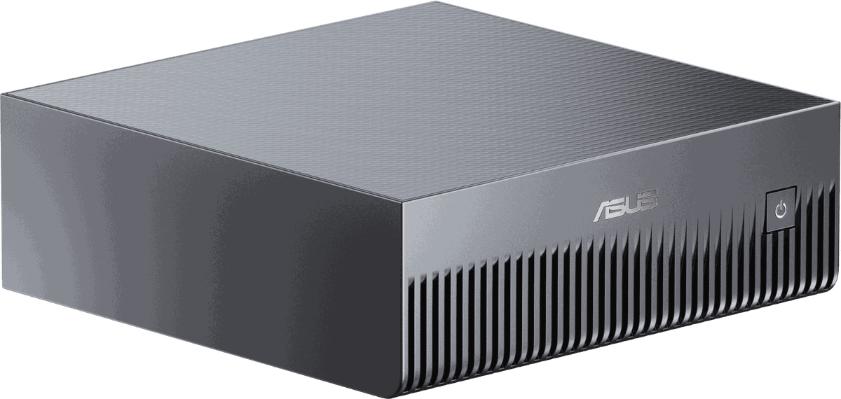 The ASUS Ascent GX10 desktop AI server, a compact dark grey box with a ventilated front panel.